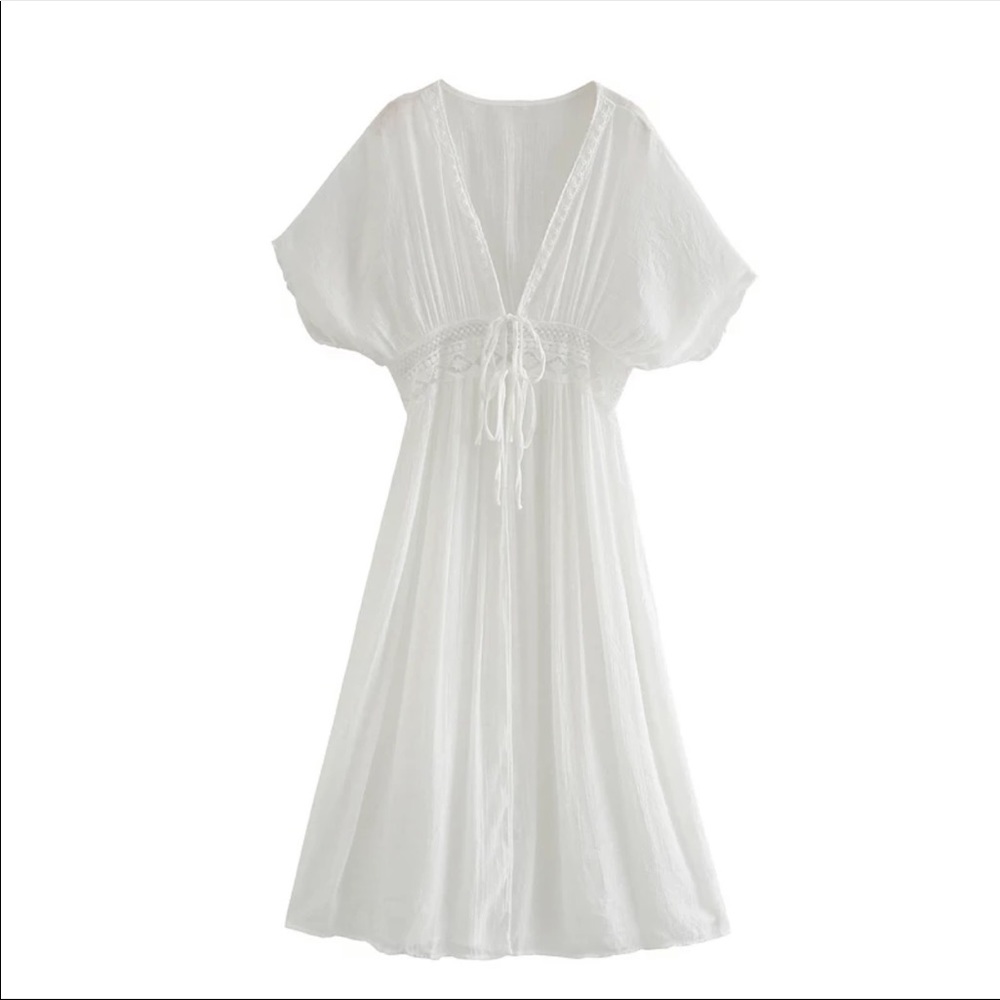 Black Maxi Kimono CoverUp Linen Cotton Lace - Picture 9 of 14